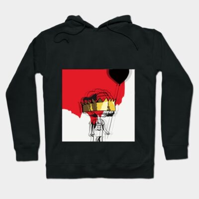 Black hoodie with abstract art print featuring crown and balloons, casual style, cotton material, unisex design.