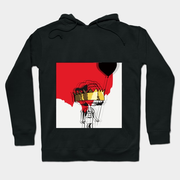 Black hoodie with abstract art print featuring crown and balloons, casual style, cotton material, unisex design.