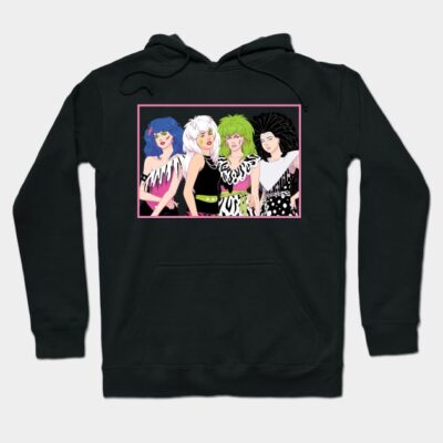 Black hoodie with colorful cartoon design, featuring four characters in vibrant outfits. Cotton material, casual style.