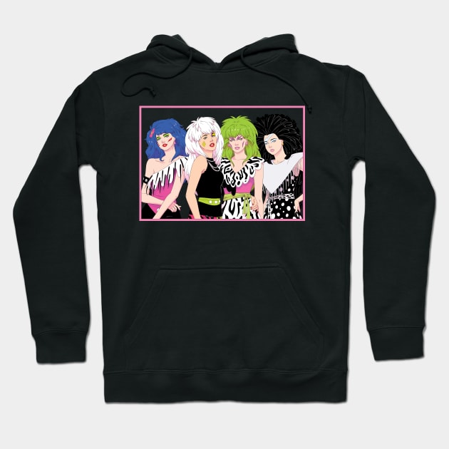 Black hoodie with colorful cartoon design, featuring four characters in vibrant outfits. Cotton material, casual style.