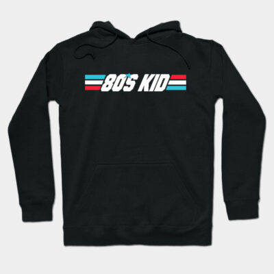 Black "80s Kid" hoodie with colorful retro design, perfect for casual wear, made from soft cotton blend material.