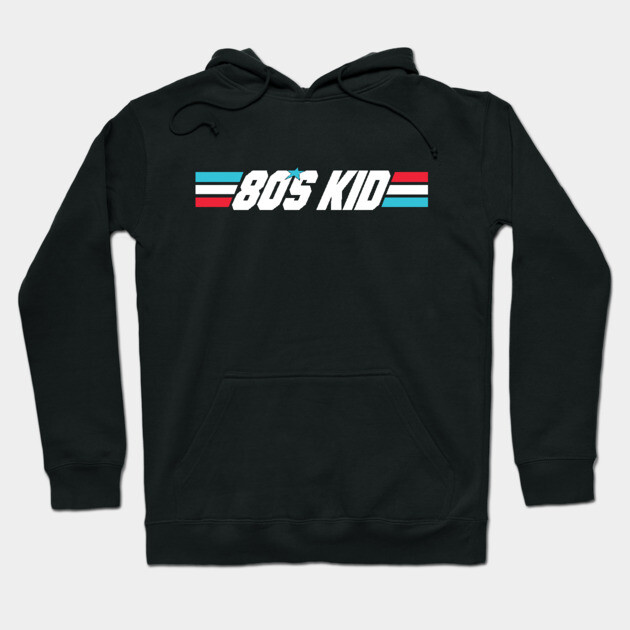 Black "80s Kid" hoodie with colorful retro design, perfect for casual wear, made from soft cotton blend material.