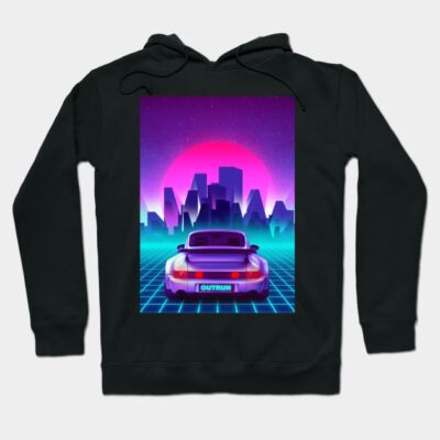 Black hoodie with retro car design, neon cityscape, and futuristic sunset. Perfect for casual and stylish wear.