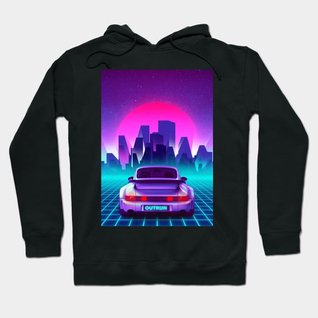 Black hoodie with retro car design, neon cityscape, and futuristic sunset. Perfect for casual and stylish wear.