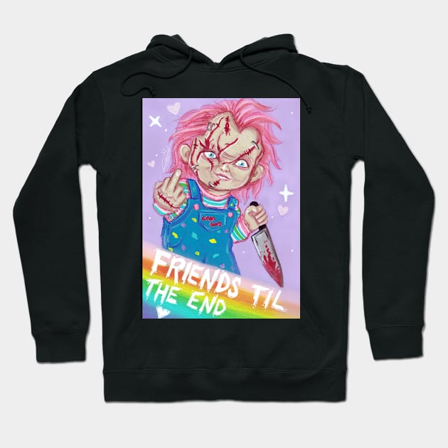 "Black hoodie with colorful horror-themed graphic, featuring text 'Friends Til The End', perfect for casual wear."