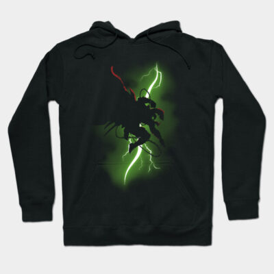 Black hoodie with a glowing green and red graphic design, featuring a fantasy theme. Cozy and stylish cotton blend.