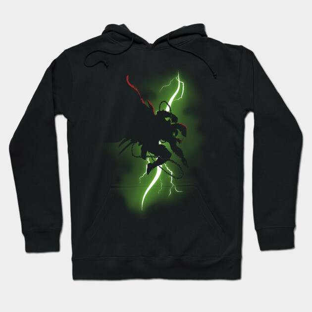 Black hoodie with a glowing green and red graphic design, featuring a fantasy theme. Cozy and stylish cotton blend.