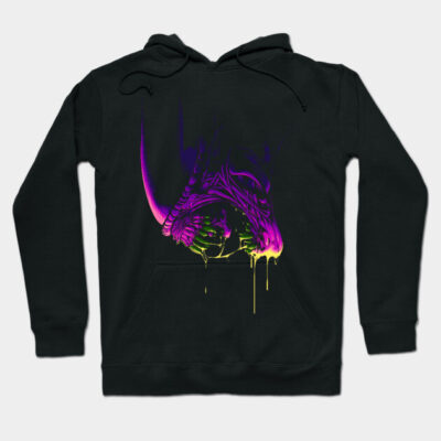Black hoodie with vibrant purple and green abstract design, featuring a large front pocket and adjustable drawstrings.