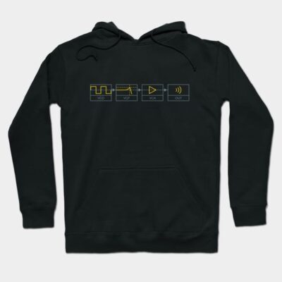Black hoodie with electronic circuit design, featuring yellow waveform graphics, ideal for casual wear and tech enthusiasts.