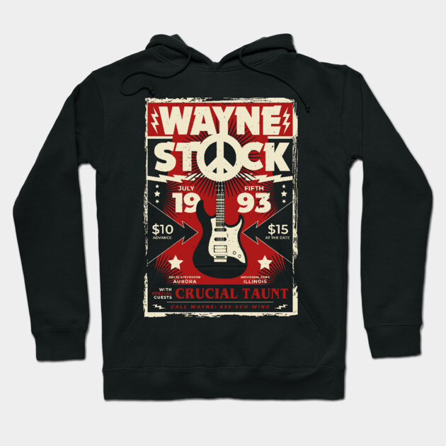 Black hoodie with retro concert poster design, featuring guitar and peace symbol. Ideal for casual wear. Cotton blend.