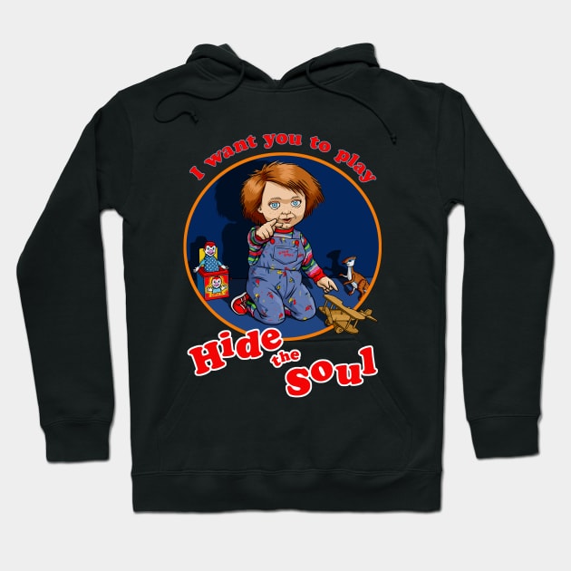 Black hoodie with playful graphic design, featuring colorful artwork and text "Hide the Soul," perfect for casual wear.