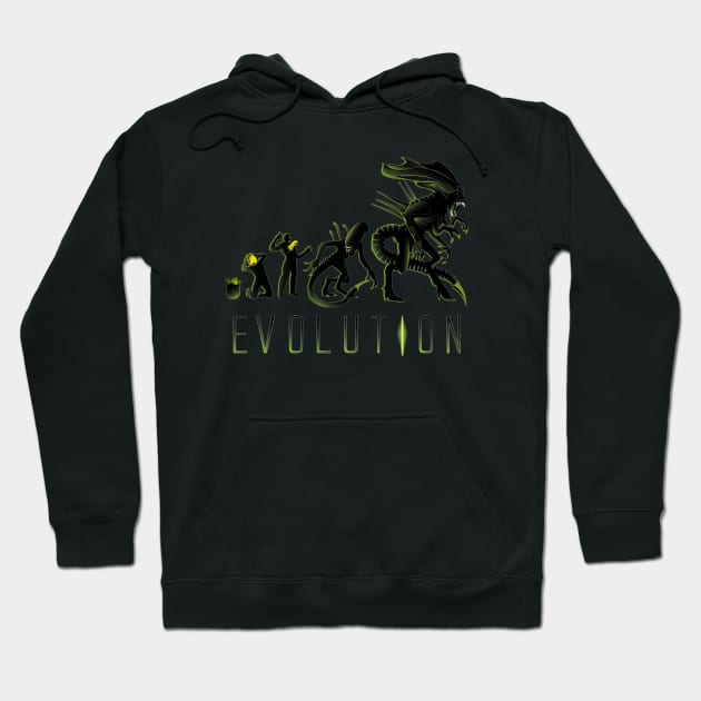 Black hoodie with "Evolution" graphic, featuring neon green design, perfect for casual wear and cozy style.