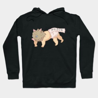 Black hoodie with a whimsical pixel art design of a creature wearing a loincloth, featuring a drawstring hood and kangaroo pocket.