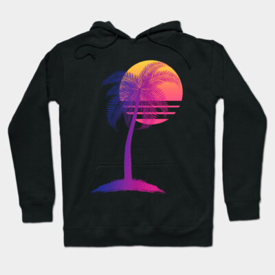 Black hoodie with vibrant sunset and palm tree design, casual style, perfect for beachwear or everyday comfort.