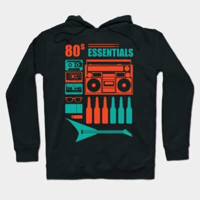 Black hoodie with colorful "80s Essentials" retro design featuring cassettes, boombox, and guitar. Vintage style apparel.