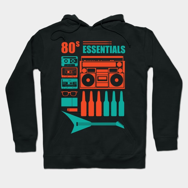 Black hoodie with colorful "80s Essentials" retro design featuring cassettes, boombox, and guitar. Vintage style apparel.