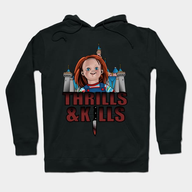 Black hoodie with horror-themed graphic and text "Thrills & Kills," featuring a cartoon character and castle design.