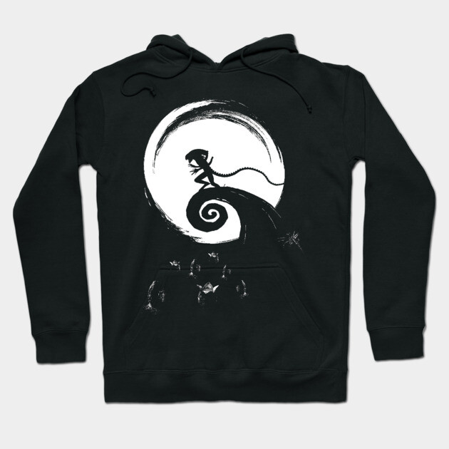 Black hoodie with white moon and silhouette design, cozy cotton material, casual wear, unisex style.