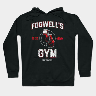 Black hoodie with "Fogwell's Gym" logo, featuring red boxing gloves graphic, perfect for casual wear and workouts.