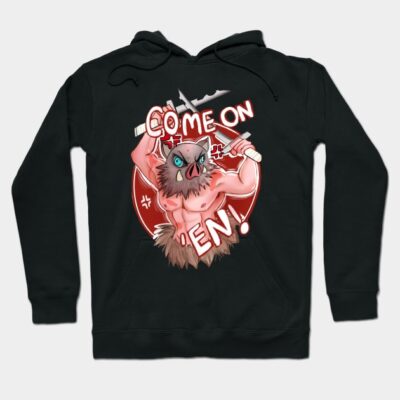Black hoodie featuring a cartoon boar warrior design with swords, bold text, and dynamic style. Perfect for casual wear.