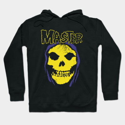 Black hoodie with bold yellow skull graphic and "Master" text, perfect for casual wear. Cotton blend material.
