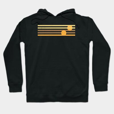 Black hoodie with retro-style yellow striped graphic, featuring two circles, made from soft cotton for casual wear.