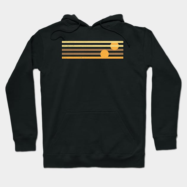 Black hoodie with retro-style yellow striped graphic, featuring two circles, made from soft cotton for casual wear.