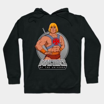 Black "Masters of the Universe" hoodie with graphic print, casual wear, cotton blend, unisex style.