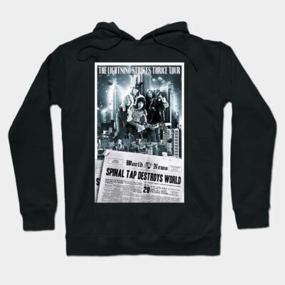 Black hoodie with "The Lightning Strikes Thrice Tour" graphic, featuring a cityscape and band image, for casual wear.