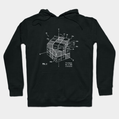 Black hoodie with white patent design print, featuring front pocket and adjustable hood, perfect for casual wear.