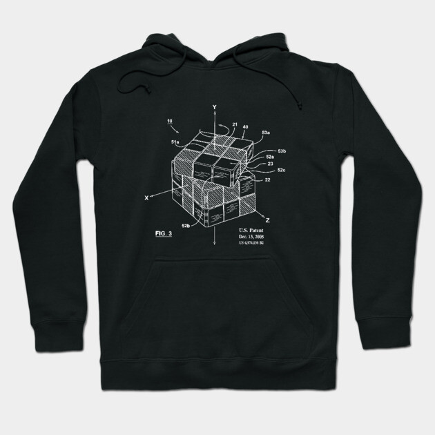 Black hoodie with white patent design print, featuring front pocket and adjustable hood, perfect for casual wear.