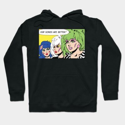 Black hoodie with colorful pop art graphic, featuring bold cartoon characters. Cozy cotton blend for casual wear.