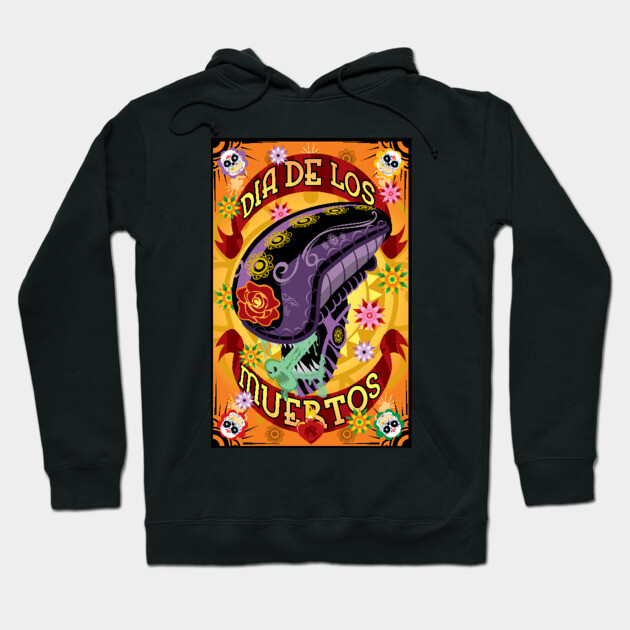Black hoodie with colorful Dia de los Muertos design, featuring vibrant skull and floral motifs. Perfect for festive wear.