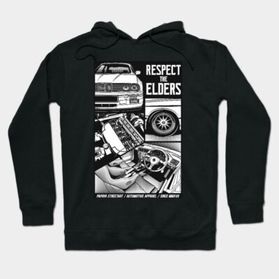 Black hoodie with "Respect the Elders" car graphic design, automotive apparel, casual streetwear style.