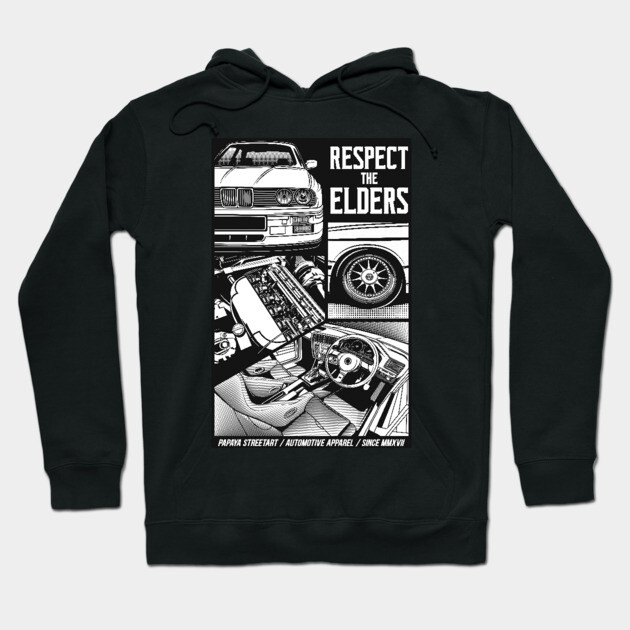 Black hoodie with "Respect the Elders" car graphic design, automotive apparel, casual streetwear style.