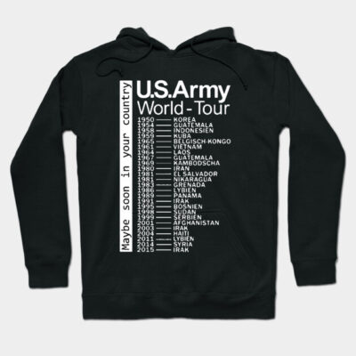 Black hoodie with "U.S. Army World Tour" graphic design in white text, casual style, cotton material.