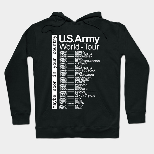 Black hoodie with "U.S. Army World Tour" graphic design in white text, casual style, cotton material.