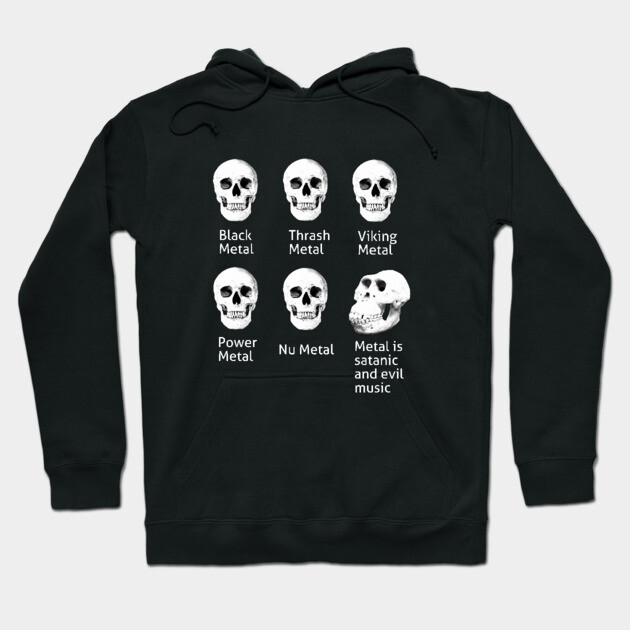 Black hoodie with skull graphics and metal genre text, casual wear, cotton blend, unisex design, music-themed.