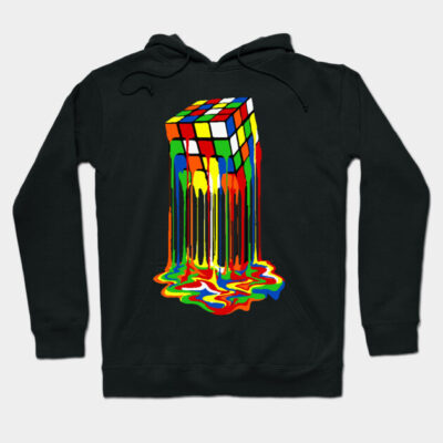 Black hoodie with colorful melting cube design, casual wear, cotton material, vibrant graphic print, unisex style.