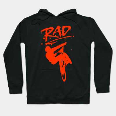 Black hoodie with bold red BMX graphic and "RAD" text, perfect for casual wear and outdoor activities. Cotton material.