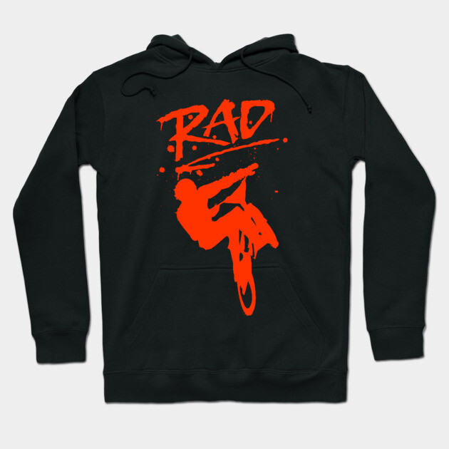 Black hoodie with bold red BMX graphic and "RAD" text, perfect for casual wear and outdoor activities. Cotton material.