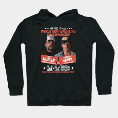 Black hoodie featuring "World Arm Wrestling Championship" graphic, retro style, perfect for casual wear and sports events.