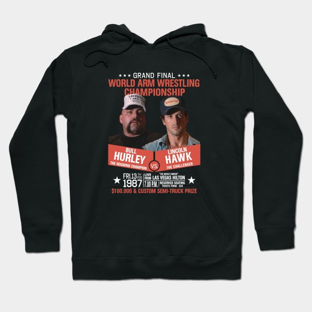 Black hoodie featuring "World Arm Wrestling Championship" graphic, retro style, perfect for casual wear and sports events.