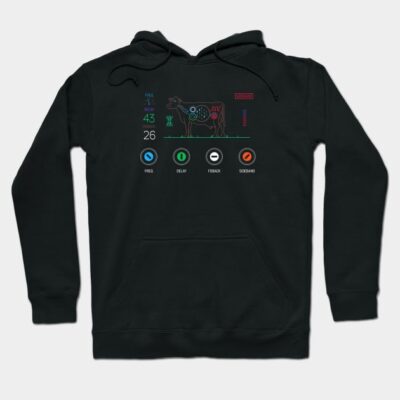 Black hoodie with colorful graphic design, featuring control panel elements and cow illustration. Perfect for casual wear.