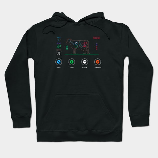 Black hoodie with colorful graphic design, featuring control panel elements and cow illustration. Perfect for casual wear.