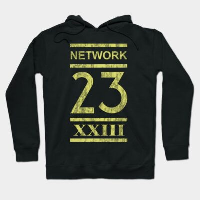 Black hoodie with yellow "Network 23 XXIII" design, casual style, cotton blend, unisex, perfect for everyday wear.