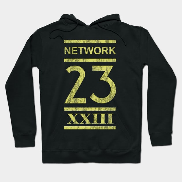 Black hoodie with yellow "Network 23 XXIII" design, casual style, cotton blend, unisex, perfect for everyday wear.