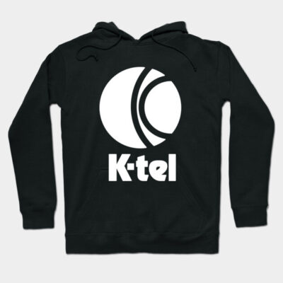 Black hoodie with white K-tel logo, featuring a casual style, ideal for comfortable everyday wear.