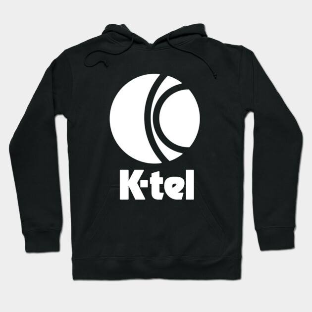 Black hoodie with white K-tel logo, featuring a casual style, ideal for comfortable everyday wear.