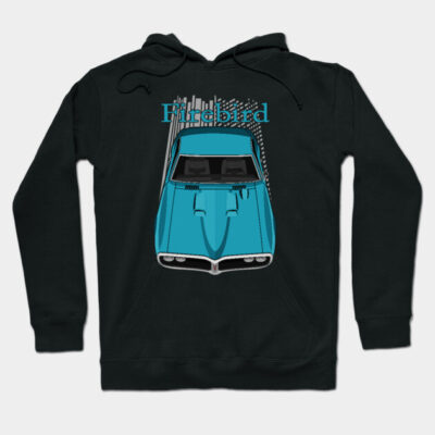 Black hoodie with blue vintage car graphic and "Firebird" text, cozy cotton material, casual wear.